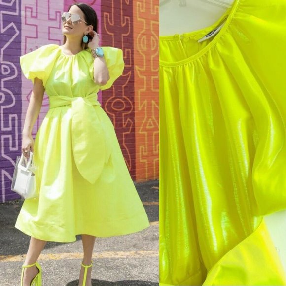 Christopher John Rogers Dresses & Skirts - Christopher Rogers Woman Yellow Midi Dress XXS Volume Iridescent Puff Sleeve New